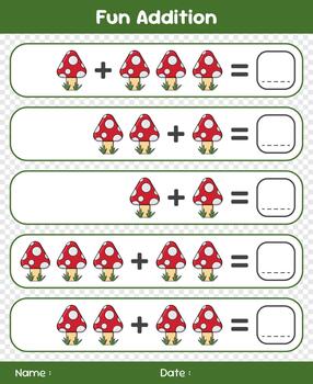 Game for children addition by counting mushrooms. Educational mathematical game. Addition game for children. Kids activity sheet. Template for addition. vector