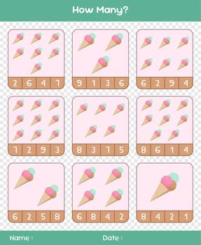 Count the number of ice creams. Educational mathematical game. Counting game for children. Activity sheet. Template for how many vector