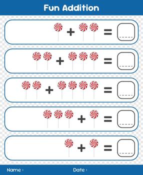 Game for children addition by counting lollipops. Educational mathematical game. Addition game for children. Kids activity sheet. Template for addition, vector