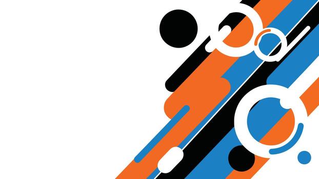Abstract geometric composition with circles and rounded stripes in orange, blue, and black vector