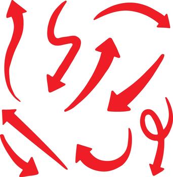 conjunto de sencillo líneas mano dibujado rojo flechas en varios estilo vector