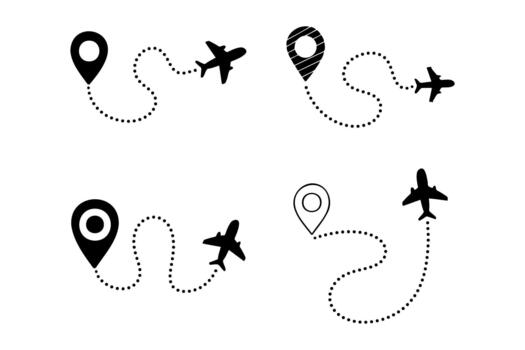 avión punteado viaje ruta icono conjunto con mapa puntero alfiler vector