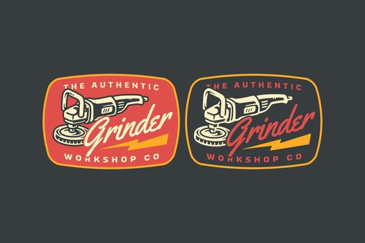 Handheld grinder retro badge logo design set for workshop. Angle grinder tool vintage emblem illustration pack for industrial. Power grinder rustic patch element design for construction vector