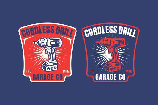Cordless drill tool retro badge logo design set for mechanic. Power drill unit vintage emblem illustration pack for workshop. Battery drill rustic patch element design for industrial vector