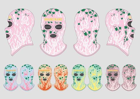 Cool Balaclava Tech Pack Design Template Featuring Detailed Technical Drawings, Flat Sketches, and Color Specifications vector