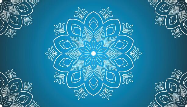 Elegant floral mandala design with intricate white line details on a blue gradient background creating a decorative symmetrical motif vector