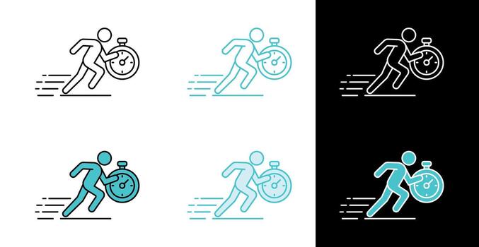 Running man with stopwatch icon for fitness training and time measurement in line and fill style vector