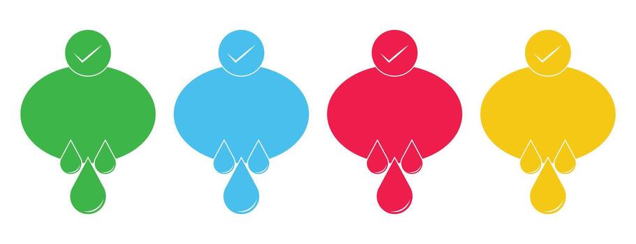 circular icons with check marks and liquid drops, multicolor flat graphic vector