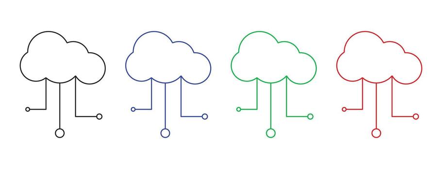 outline cloud icons with circuit lines, multicolor data technology graphic vector