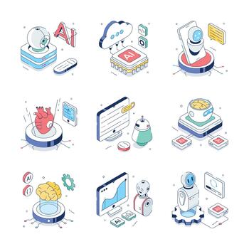 Icons of AI in technology and health applications vector