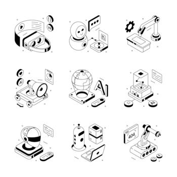 Illustration of technology concepts including AI and VR vector