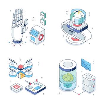 Robotic hand, drones, brain simulation vector