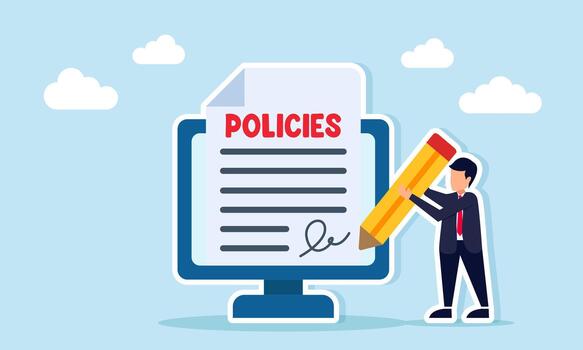 Businessman signing a policies document emerging from a computer monitor illustrating agreement and approval in implementing business cooperation policies vector