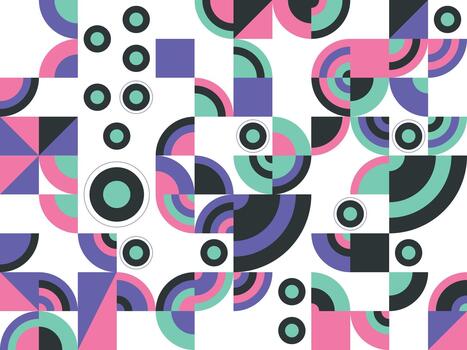 Modern dynamic geometric abstract pattern with vibrant circles, squares, and arcs. Perfect for contemporary design, digital art, and engaging backgrounds vector