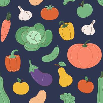 Seamless pattern with autumn vegetables in flat style with partial outline. On dark background. Autumn and harvest concept. illustration. vector