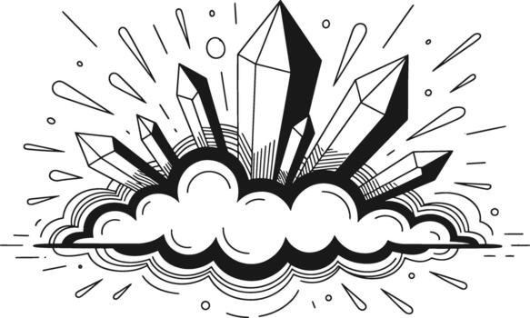 negro y blanco de un racimo de agudo cristales radiante energía con dinámica líneas y puntos vector