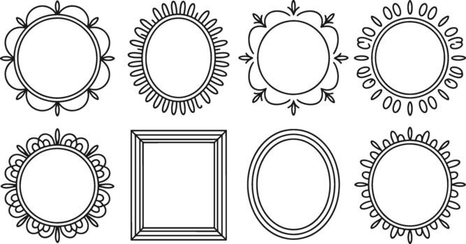 Siete decorativo marcos con floral y geométrico patrones en negro y blanco vector