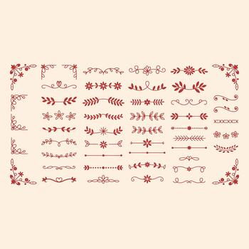 colección de intrincado rojo floral y hoja decorativo fronteras y patrones en blanco antecedentes vector