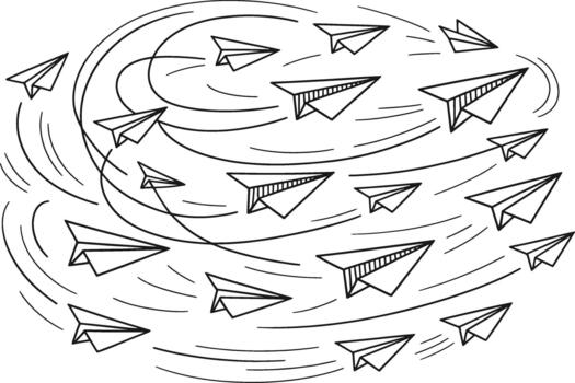 negro y blanco línea de múltiple papel aviones en circular movimiento con algunos aviones teniendo a rayas patrones vector