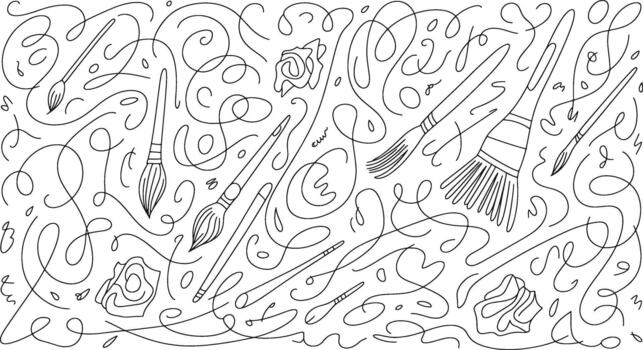 negro y blanco de varios pinceles arreglado en un repitiendo modelo artístico herramientas vector