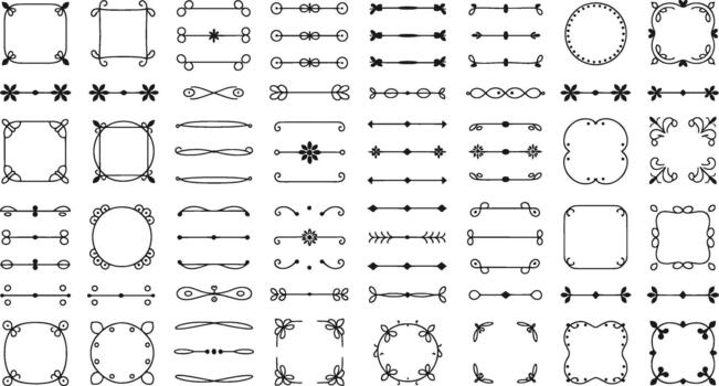 colección de negro y blanco decorativo fronteras y marcos con floral y geométrico patrones vector