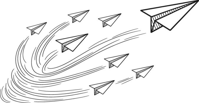 múltiple papel aviones volador en curvo rutas en blanco antecedentes negro y blanco vuelo vector