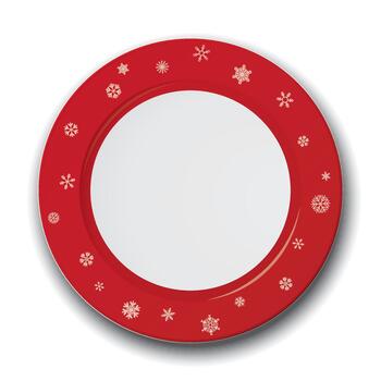 parte superior ver de vacío blanco plato con con rojo frontera y copo de nieve decoración en blanco antecedentes. vector