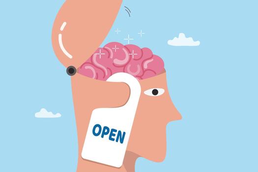 Open minded to learning or study new knowledge, enlightenment wisdom, imagination or inspiration thinking, positive cognition, discovery, leadership human head open minded for knowledge into brain. vector