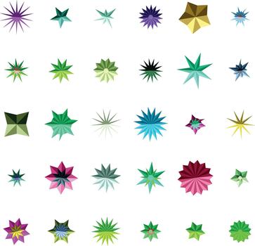An organized grid of vibrant colorful star like geometric shapes features an array of polygonal designs vector