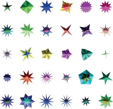 Diverse geometric shapes with star and polygonal forms are arranged in rows on a bright white surface vector