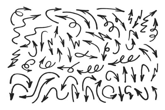 Hand drawn marker arrows symbol set. Doodle brushes line scribbles arrow pointers illustration vector