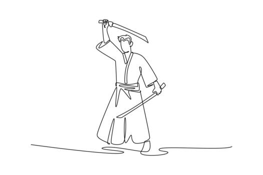 Continuous one line drawing samurai in robes wielding two swords in pose, with one katana raised high overhead, other held low for balance, attack. Single line draw design graphic illustration vector