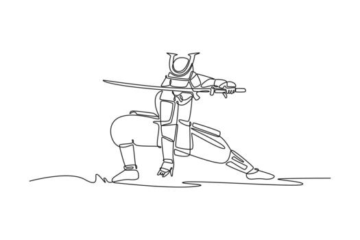 Single continuous line drawing focused samurai in full armor, positioned in a low kneeling lunge, holding katana forward, indicating aggressive attack. One line draw graphic design illustration vector