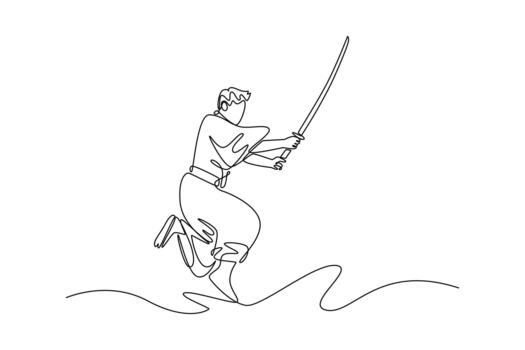 Single one line drawing samurai warrior jumping or leaping in mid-air holding katana sword in dramatic, sweeping diagonal pose, swift and fluid. Continuous line draw design graphic illustration vector