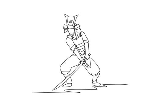 Single continuous line drawing powerful samurai in full armor, positioned in low, stable stance with katana pointed down. Moment of readiness, defense. One line draw graphic design illustration vector