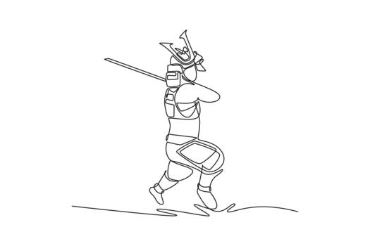 Single continuous line drawing strong samurai in full traditional armor running forward in crouched stance with katana, showing fast aggressive action. One line draw graphic design illustration vector
