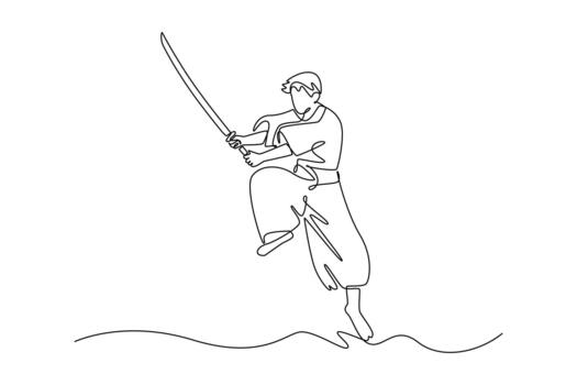 Single one line drawing human samurai warrior balancing on one leg while holding katana diagonally upwards. Intense focus and dynamic movement. Continuous line draw design graphic illustration vector
