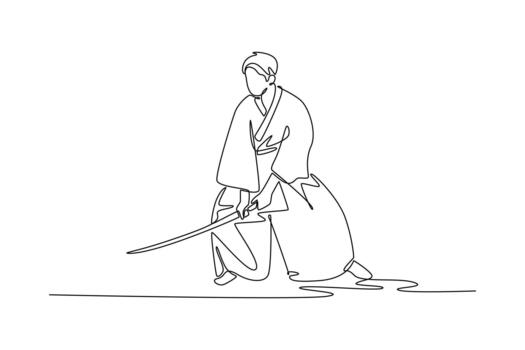 Continuous one line drawing focused human samurai master in traditional robes, in low stance with katana extended. Precise drawing or cutting move. Single line draw design graphic illustration vector