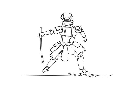 Single continuous line drawing samurai in full armor taking aggressive forward-leaning stance with katana held low, ready for decisive sweep or attack. One line draw graphic design illustration vector