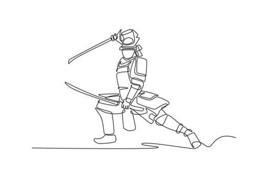 Single continuous line drawing samurai in full armor, lunging forward with two swords in powerful attack pose. Decisive action and historical warfare. One line draw graphic design illustration vector