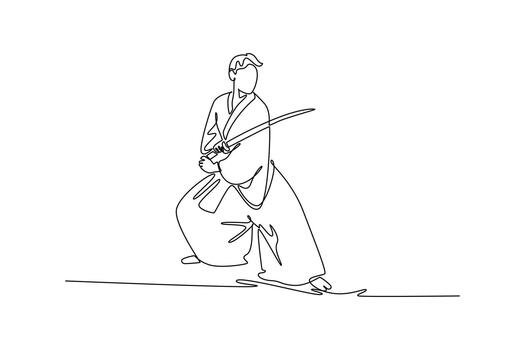 Continuous one line drawing steady samurai in traditional robes holding the katana horizontally across body for defensive or swift cutting movement. Single line draw design graphic illustration vector