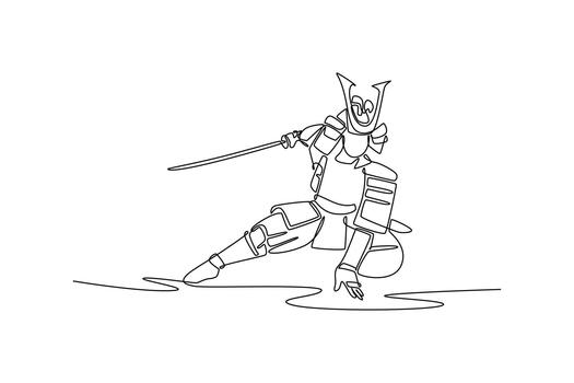 Continuous one line drawing samurai in full armor kneeling low to ground, holding katana pointed forward in defensive or horizontal cutting stance. Single line draw design graphic illustration vector