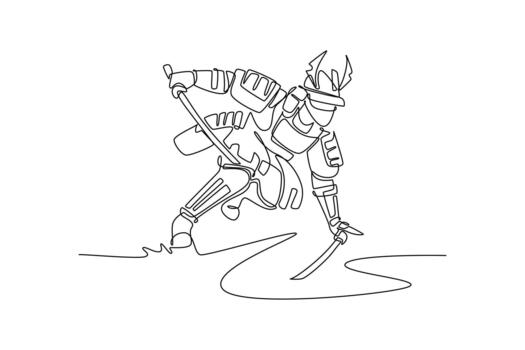 Single one line drawing powerful samurai warrior in full armor and helmet, taking a low stance while drawing sword, depicting combat readiness. Continuous line draw design graphic illustration vector