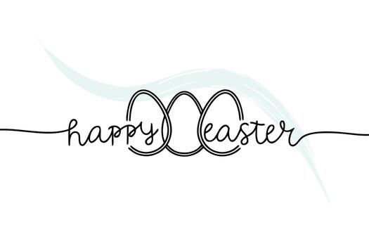 Happy Easter text with interconnected egg shapes in continuous line drawing greeting vector