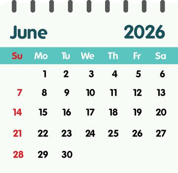 June 2026 calender. Sunday start. Isolated on a white background. vector