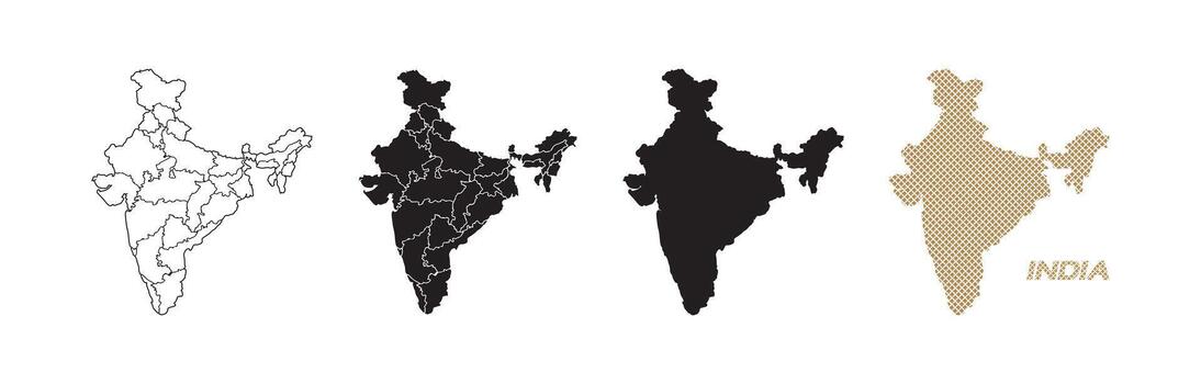 Maps of India in various styles, with black and gold lines on a white background. vector