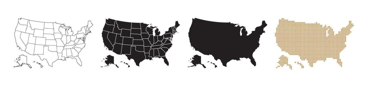Maps of the United States in various styles, with black and gold lines on a white background. vector