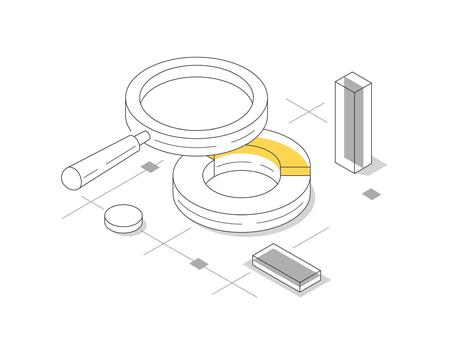 data analysis. It showcases various geometric shapes, a magnifying glass, and pie elements vector
