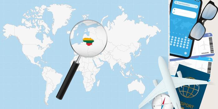 Lithuania is magnified over a World Map, illustration with airplane, passport, boarding pass, compass and eyeglasses. vector