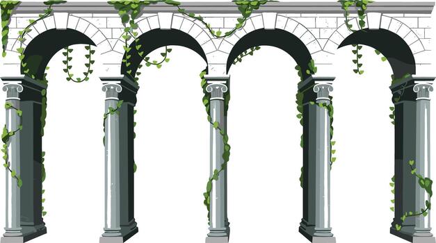 Ancient stone columns with arches and green vines vector